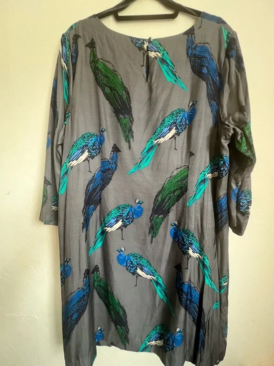 Boden Gray Tunic Dress with Blue & Green Peacock Print - Picture 2 of 6